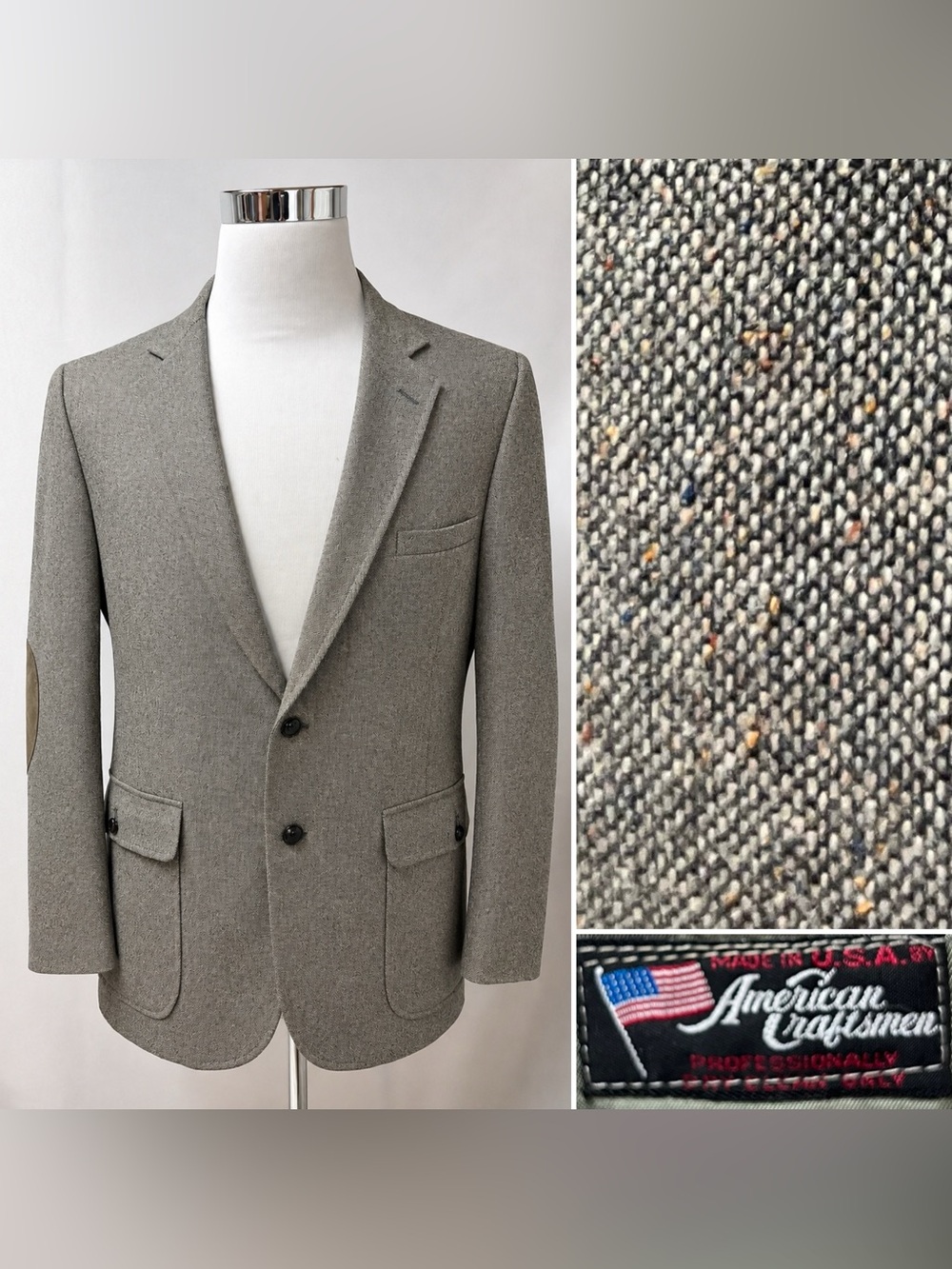 American Craftsman Vintage Men's 42R Tweed Wool Olive Elbow Patch Blazer Jacket